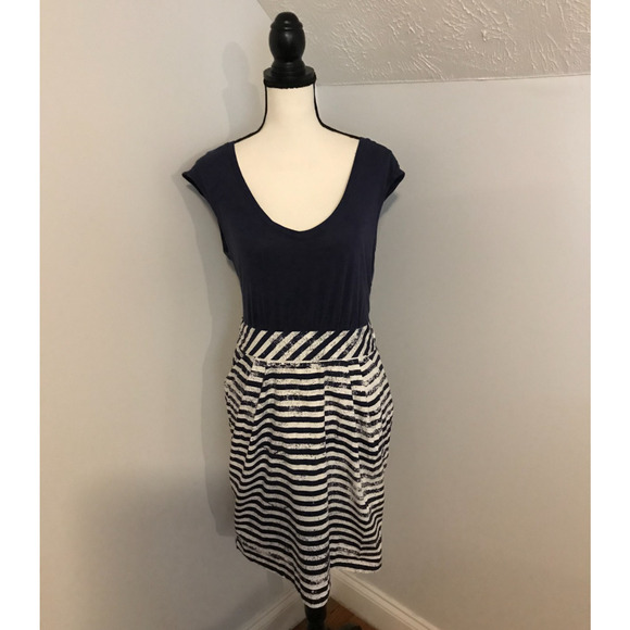 Anthropologie Little Yellow Button Women's Blue Striped Dress - Size Medium - Picture 1 of 7